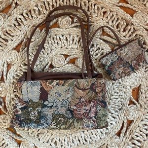 Vintage cottagecore cat tapestry purse and wallet set